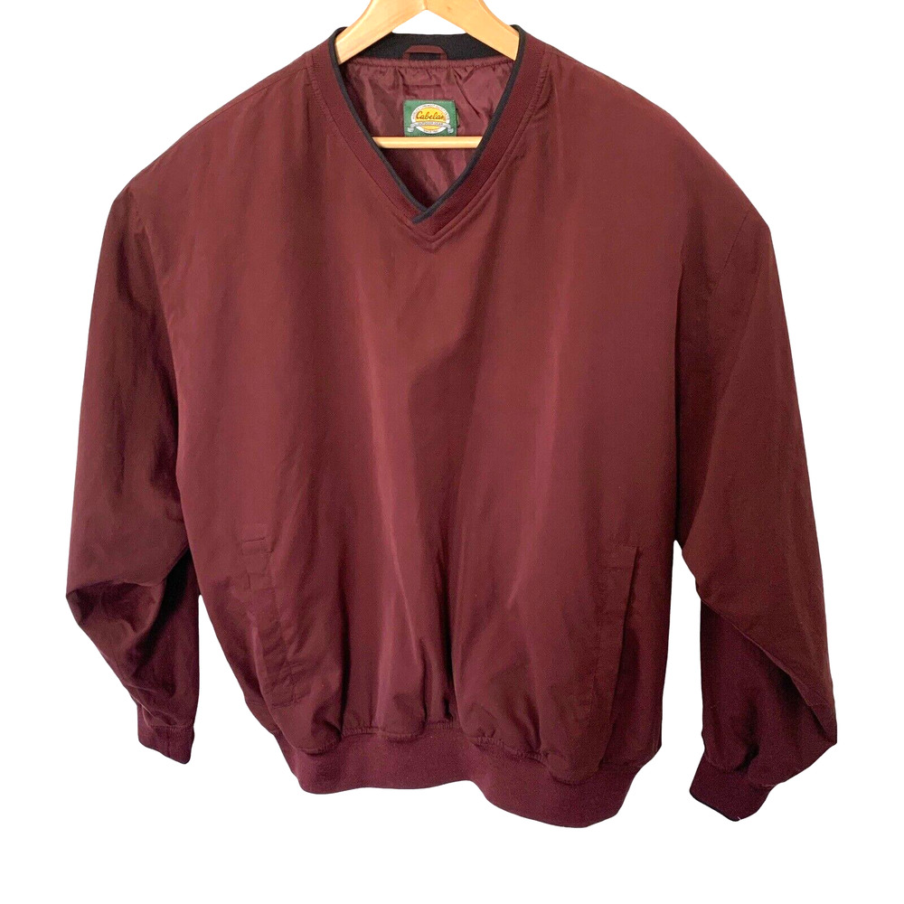 Cabelas Jacket Mens XL Wine V-Neck Lined Pullover Pockets Outdoor Microfiber